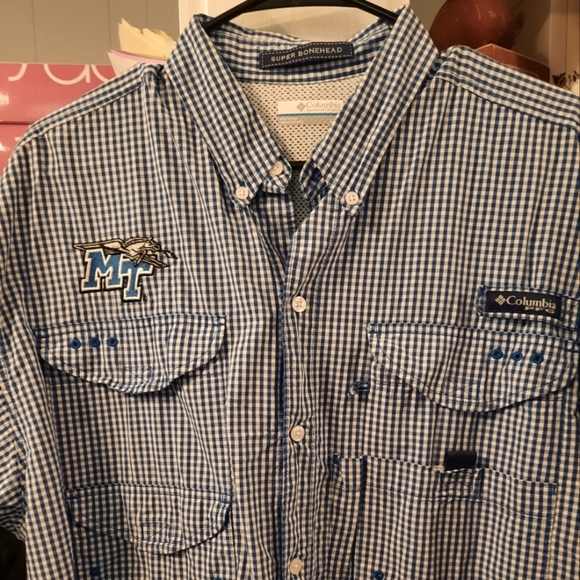 Columbia Pfg Womens Blue And White Checkered Shirt Large MTSU - Picture 8 of 10